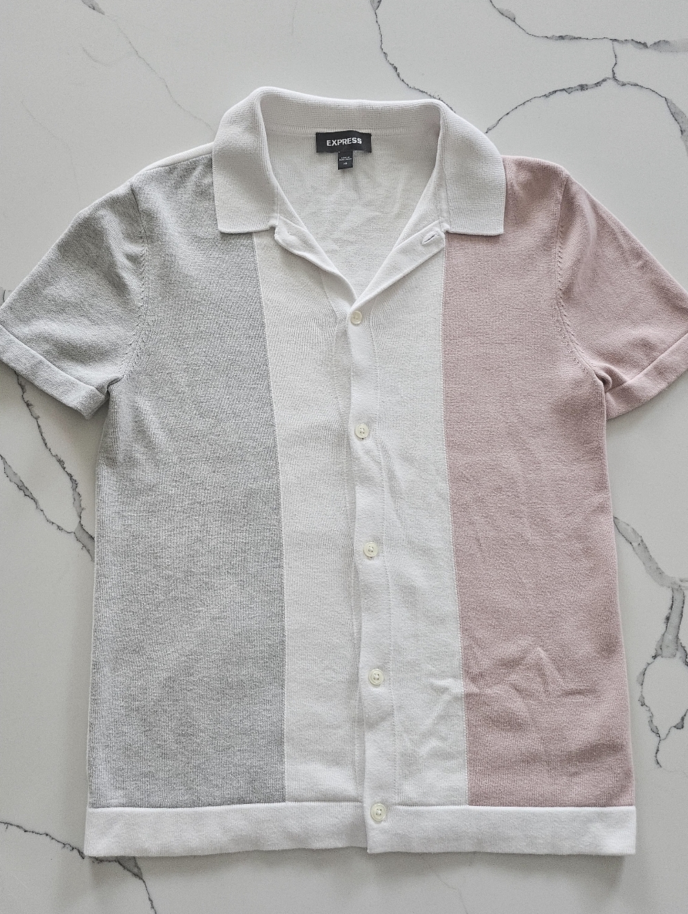 Express Men’s Short-Sleeve Colorblock Polo — White, Gray & Dusty Pink